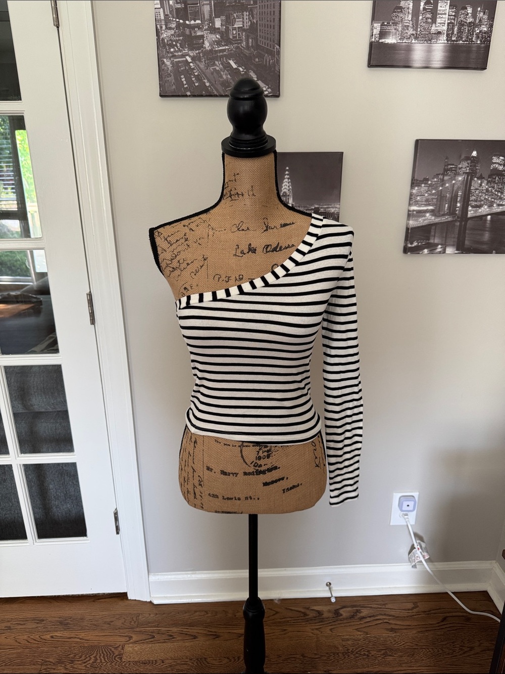 One-Shoulder Black and White Striped Crop Top